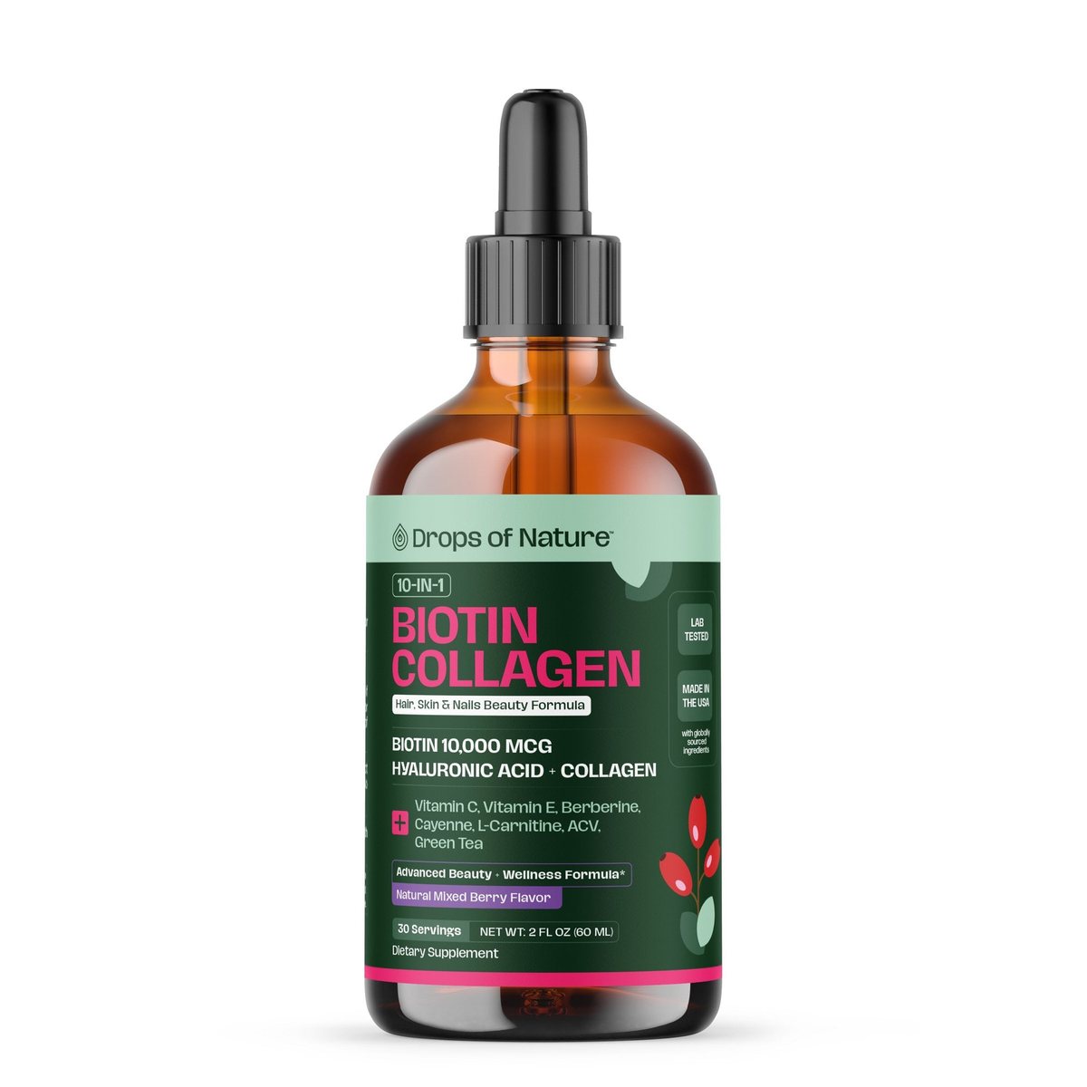 Drops of Nature 10-in-1 Biotin Collagen Liquid Drops, 2 fl oz bottle.