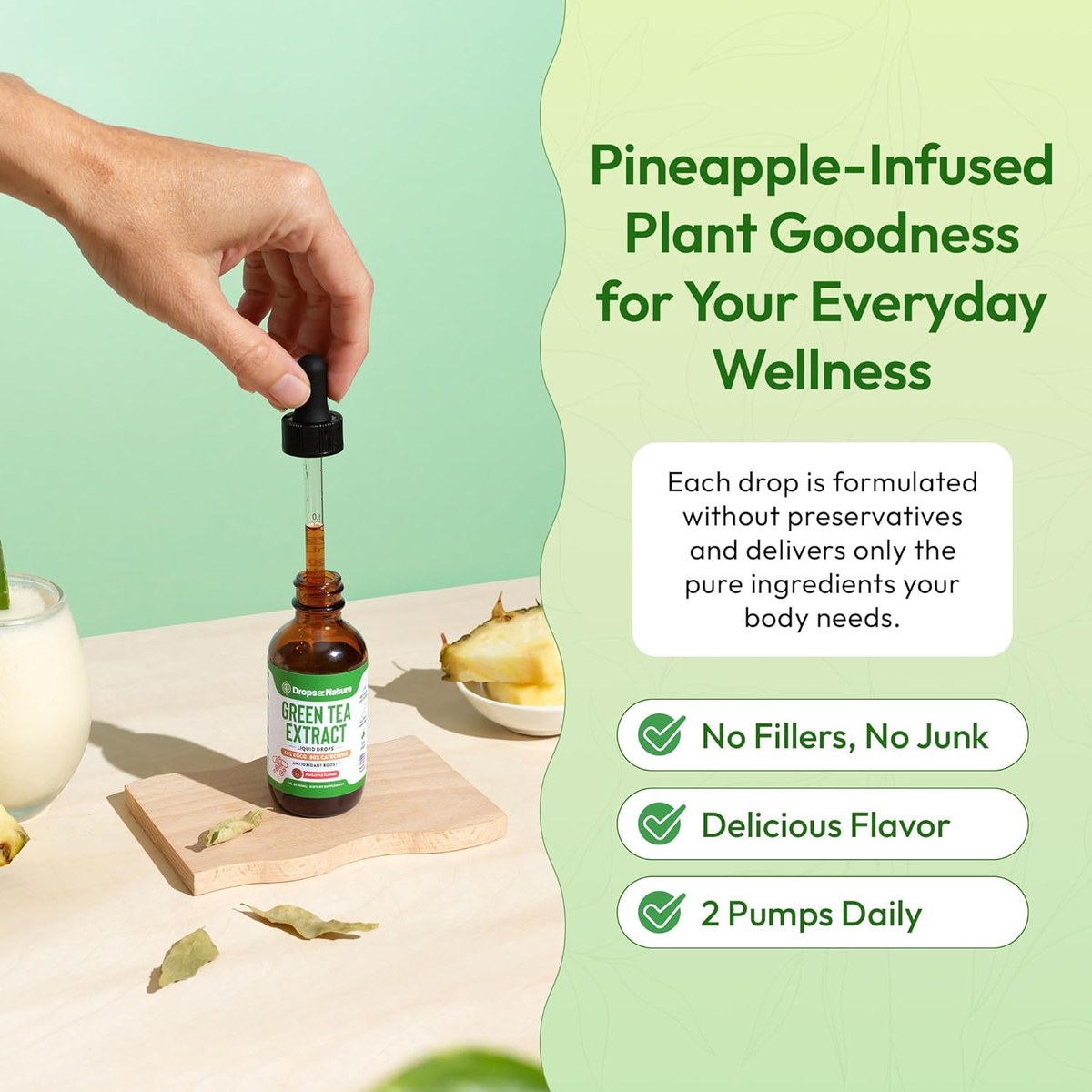 Pineapple-infused green tea drops with no fillers.