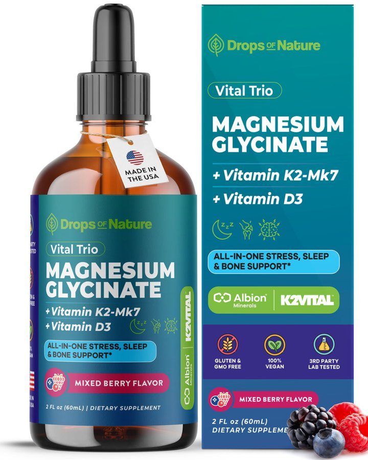 Magnesium Glycinate + D3 + K2 liquid drops bottle and box