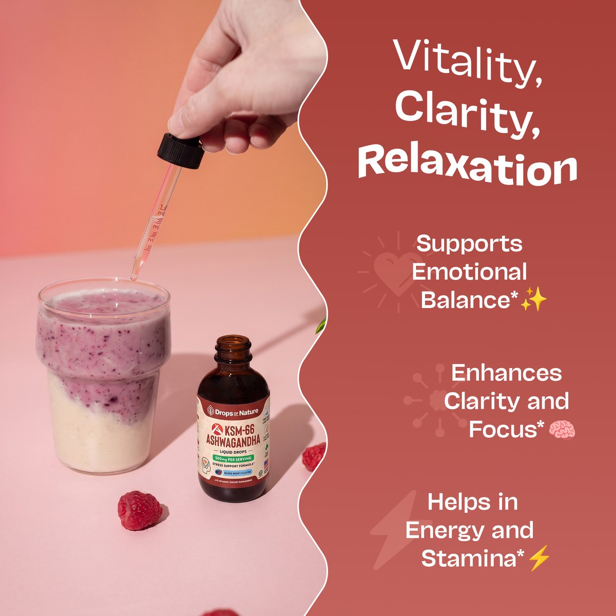 KSM-66 Ashwagandha drops: emotional balance, clarity and focus, energy and stamina support.*