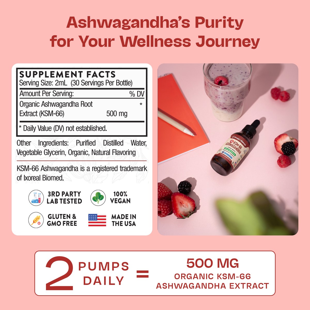 KSM-66 Ashwagandha supplement facts: 500 mg KSM-66 per 2 pumps.
