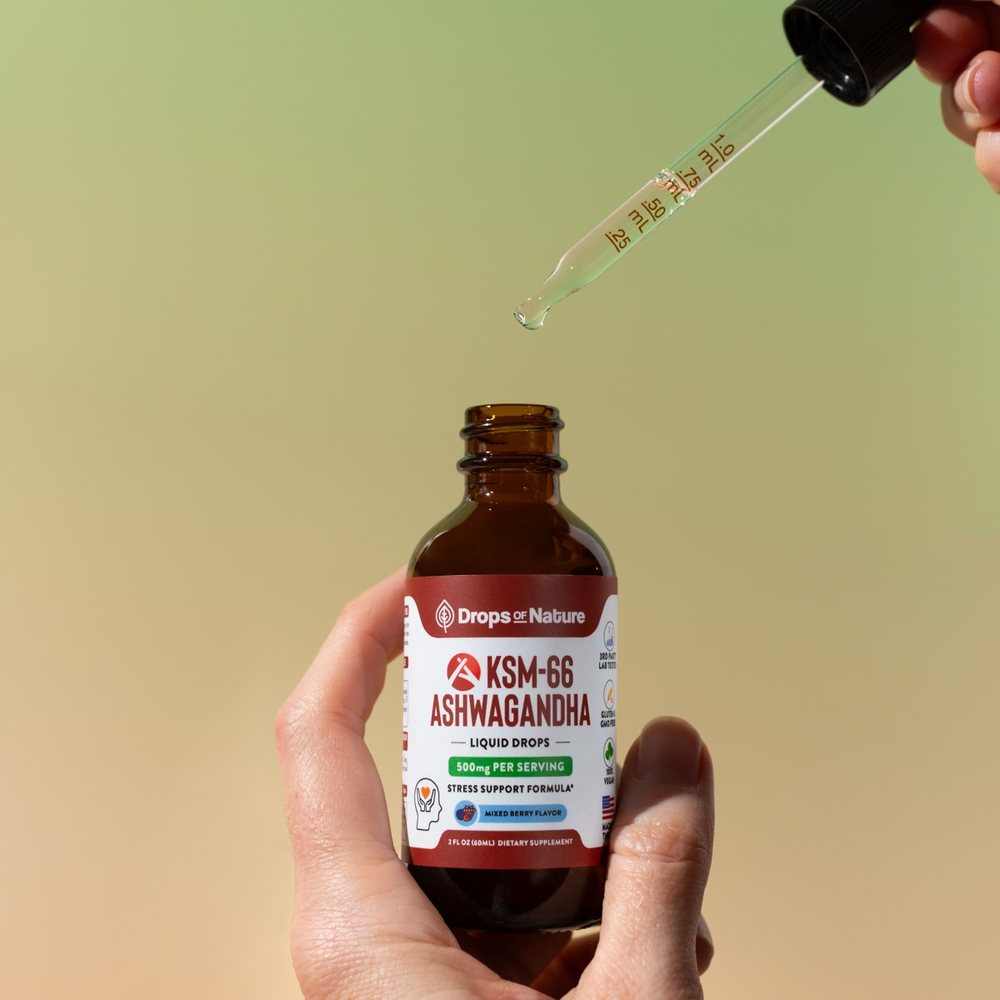 A hand holding a bottle of KSM-66 Ashwagandha drops.
