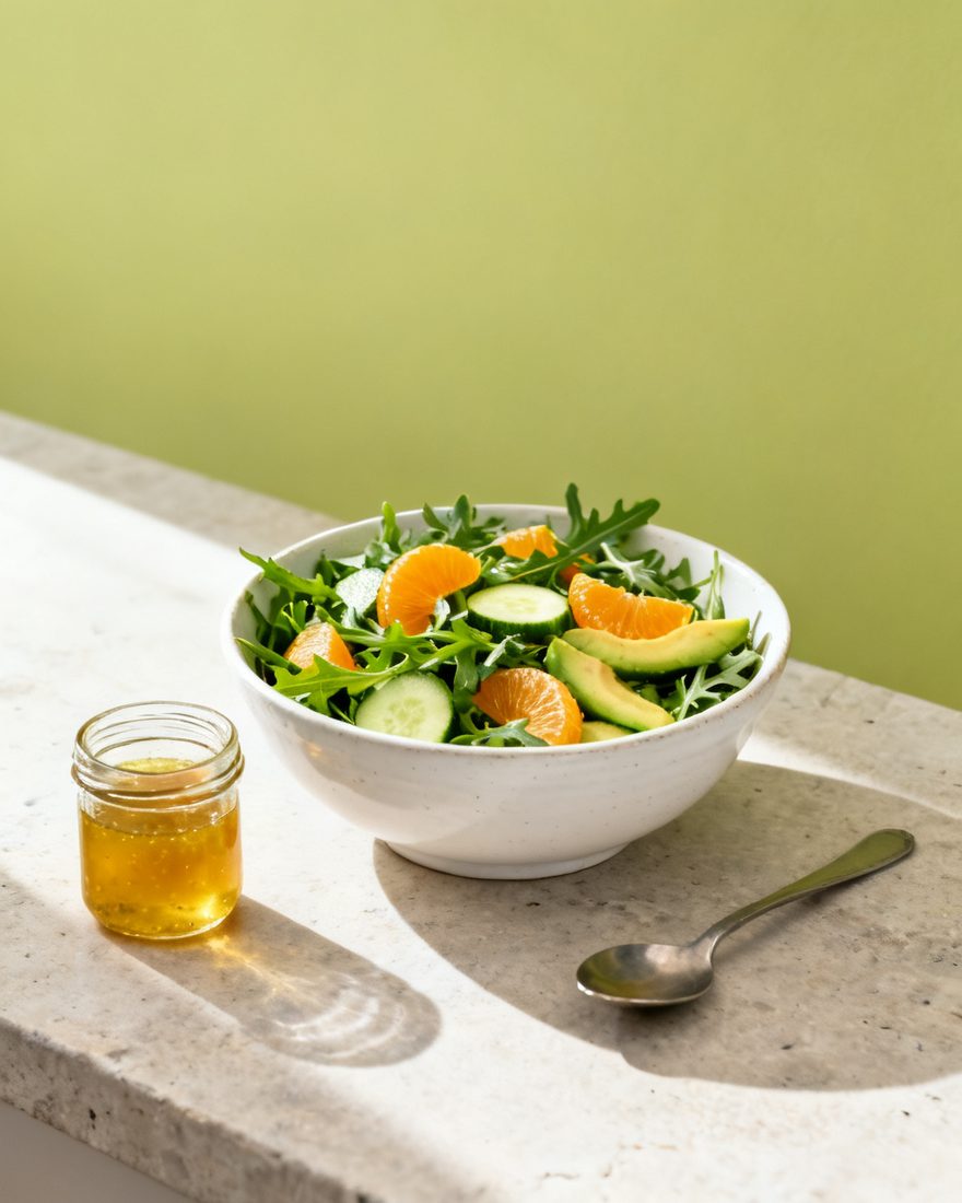 A green salad with citrus segments and a jar of vinaigrette