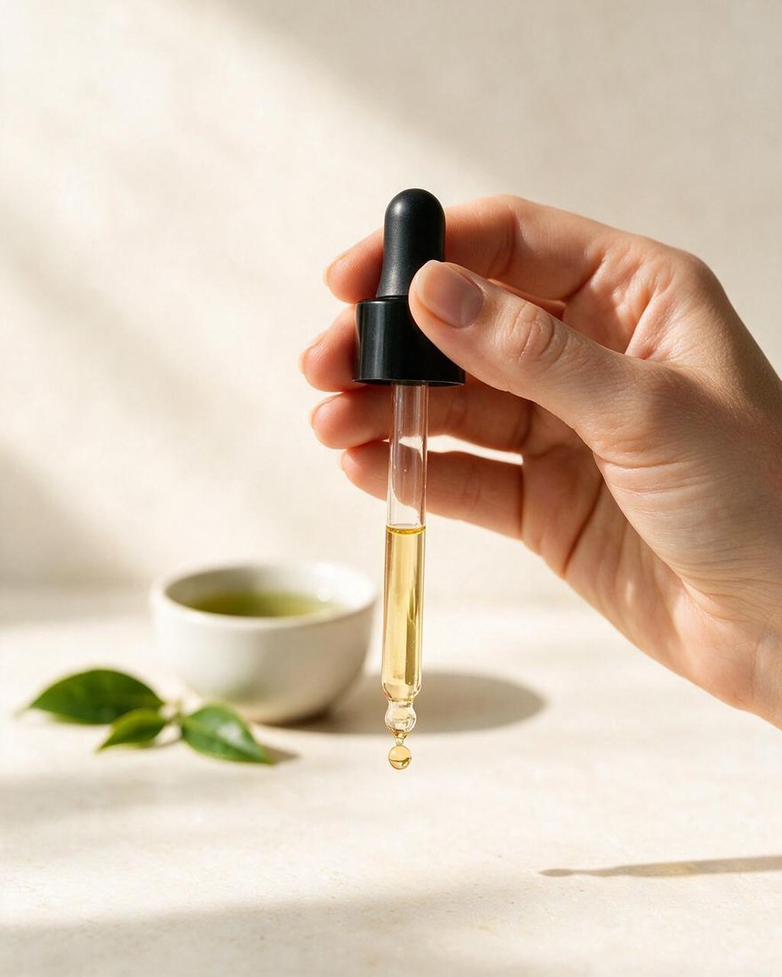 A hand holding a filled glass dropper