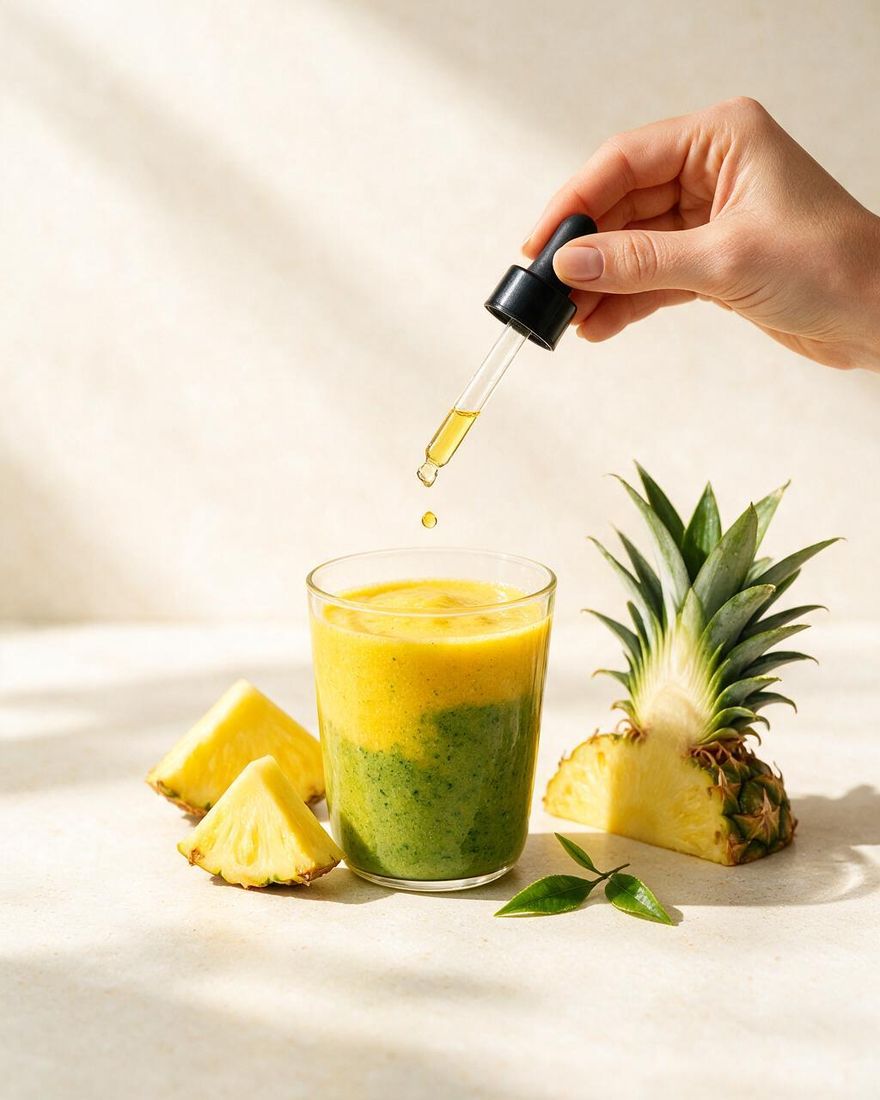A drop falling from a dropper into a pineapple smoothie