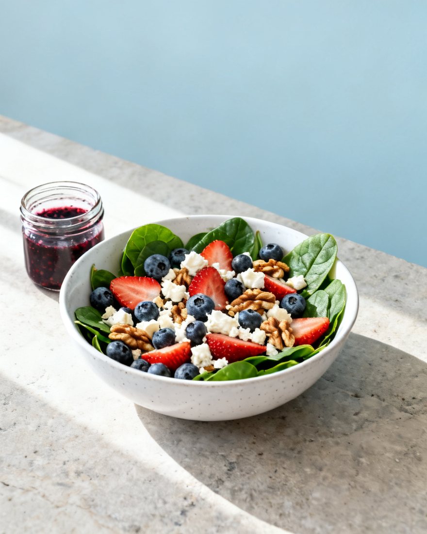 A spinach and berry salad with a jar of berry vinaigrette