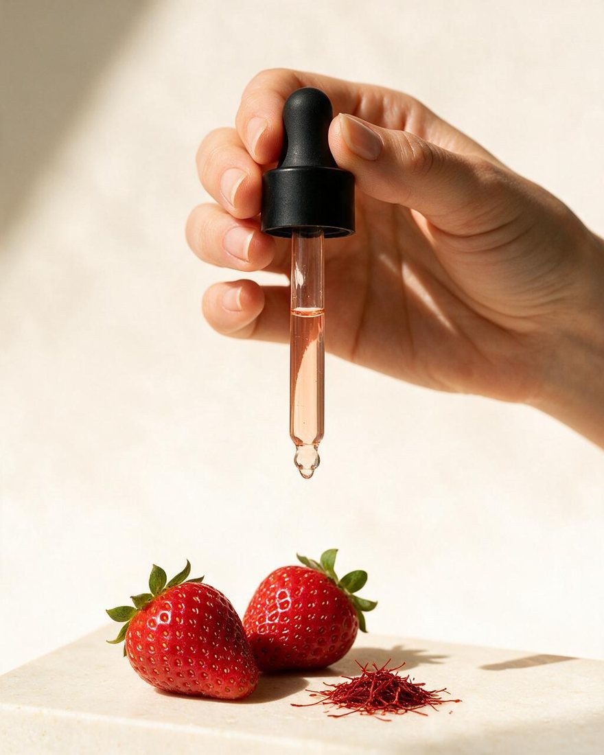 A hand holding a filled glass dropper