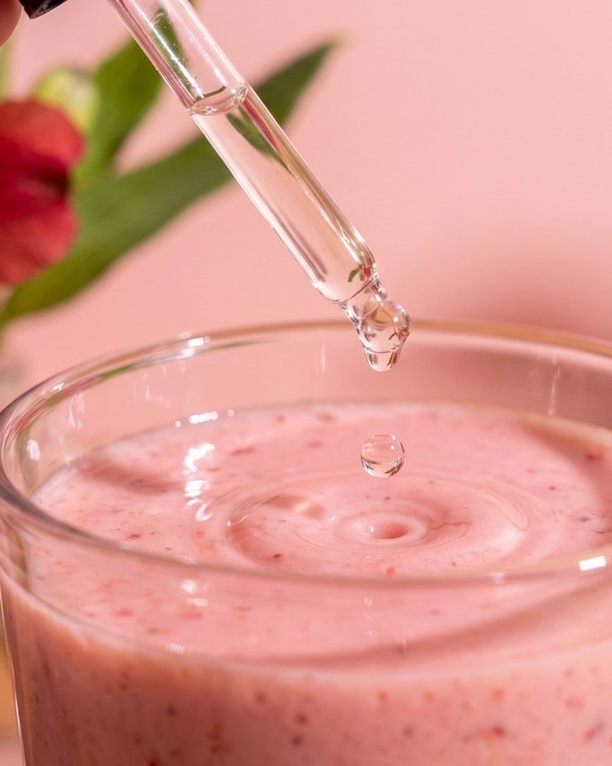 A dropper over a strawberry smoothie