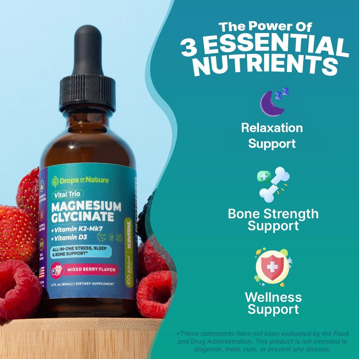 Magnesium Glycinate + D3 & K2: relaxation, bone strength and wellness support.*