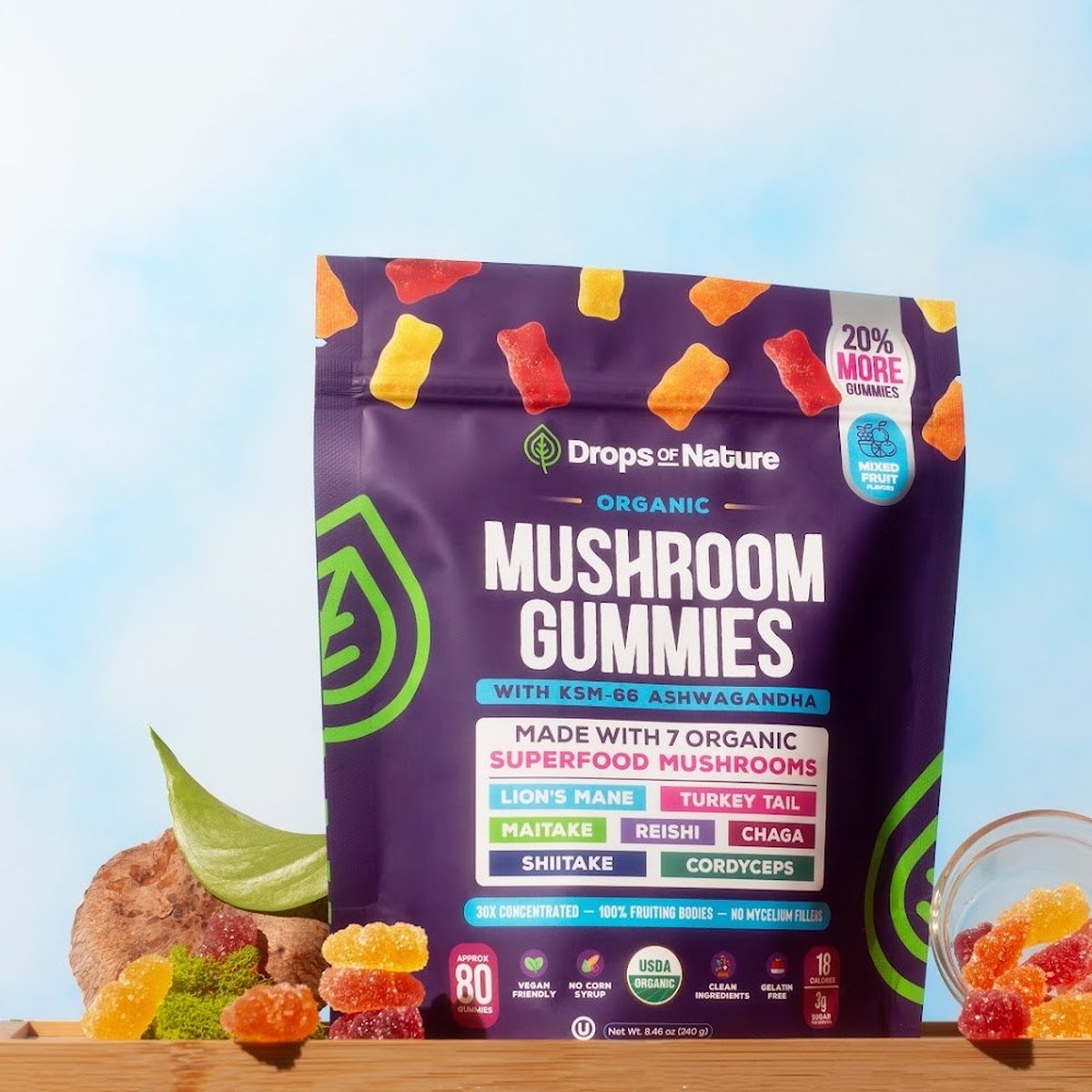 The gummies bag with fresh mushrooms on a light backdrop.
