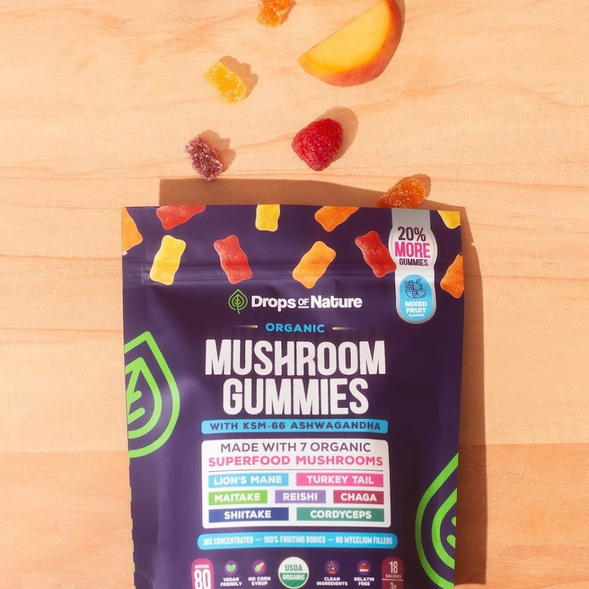 The gummies bag with fruit and gummy bears.