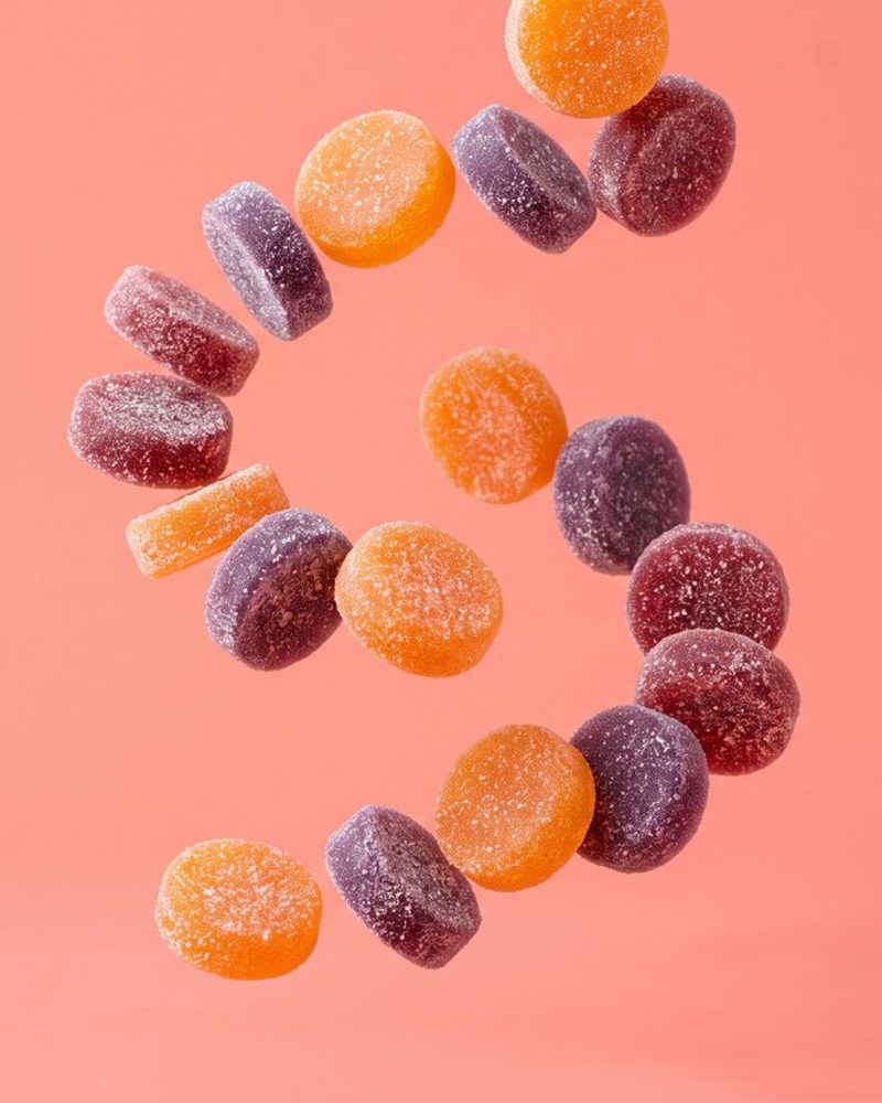 Big round mushroom gummies in mixed fruit colors