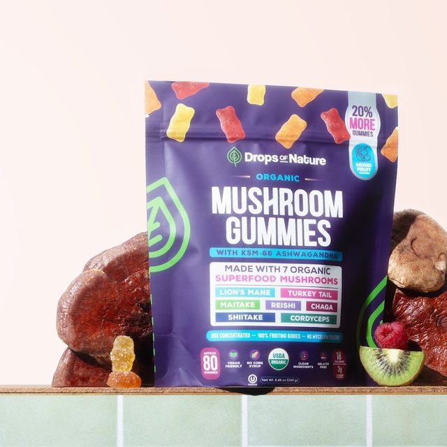 Organic Mushroom Gummy Bears bag with fresh mushrooms