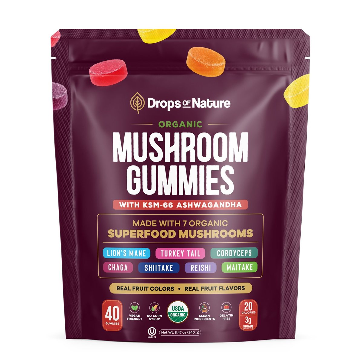Organic Mushroom Gummies Big Rounds bag, 40 gummies, mixed fruit.