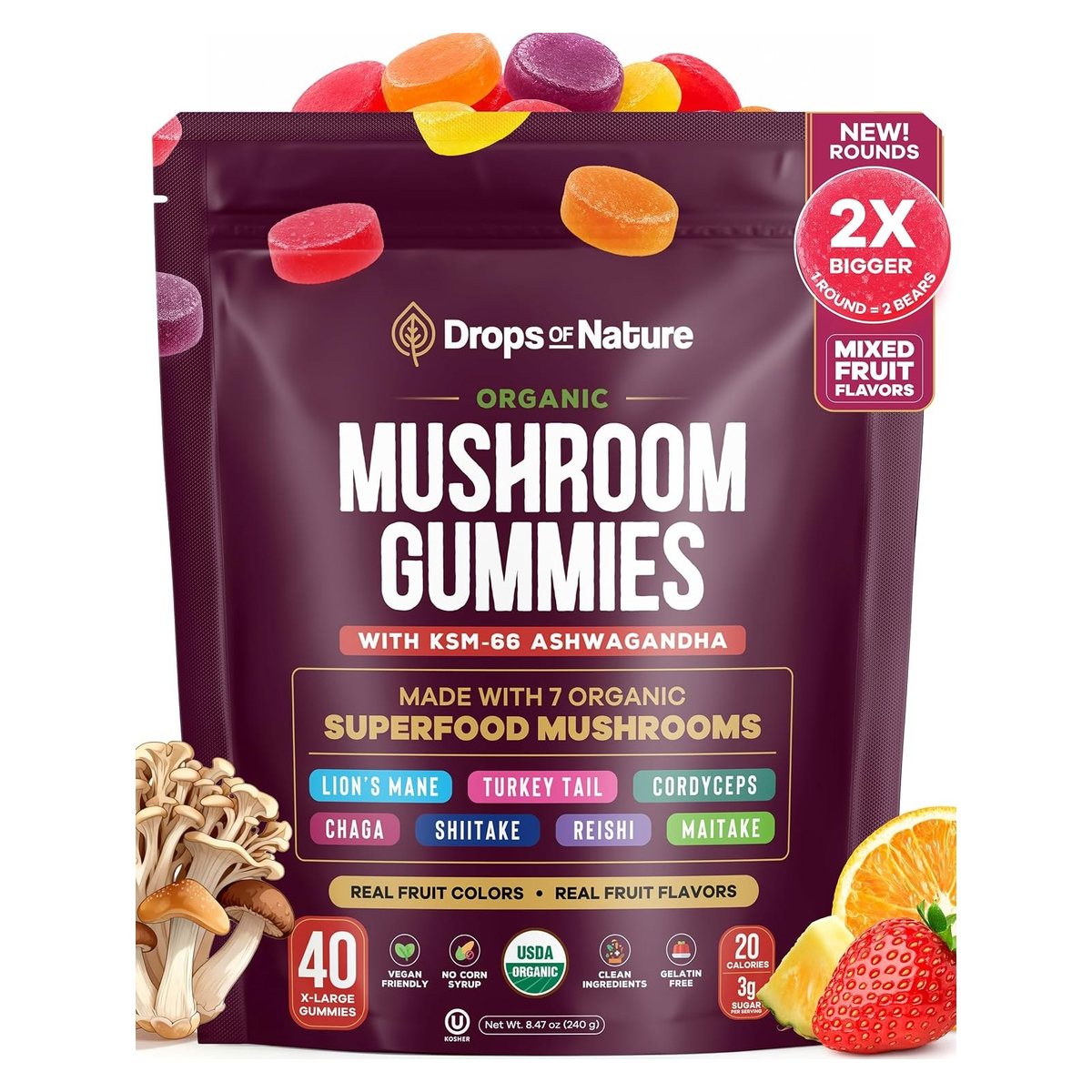 Big Rounds bag with fresh fruit and mushrooms.