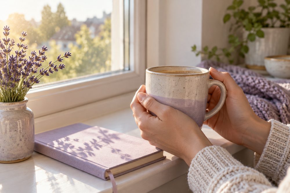 Hands holding a mug by a sunny window