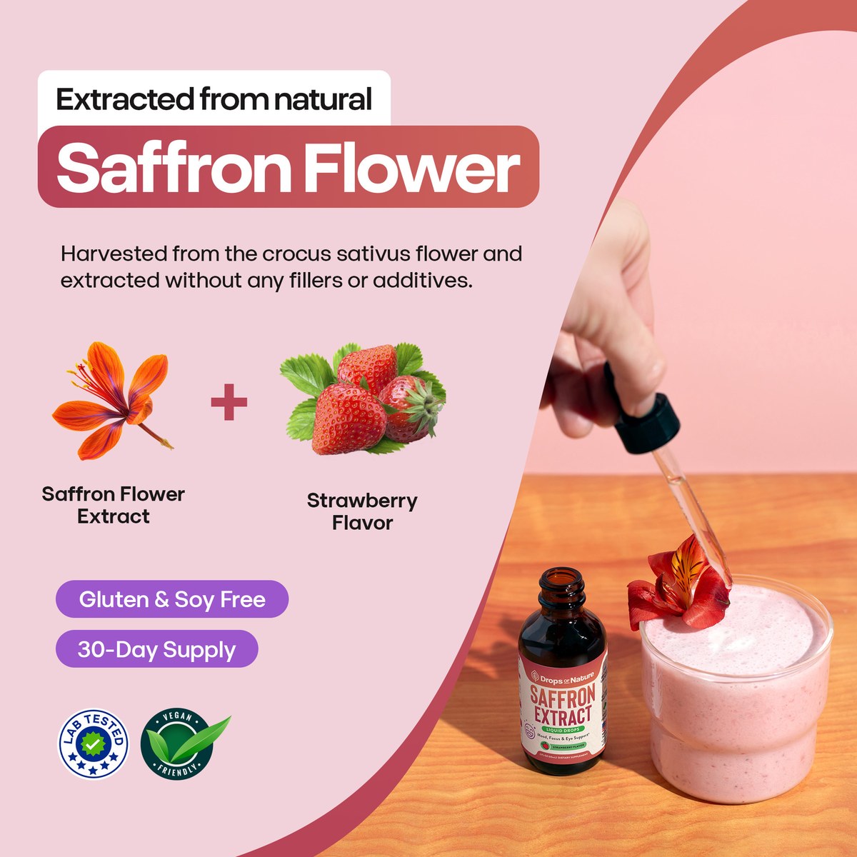 Saffron Extract drops: made from the saffron flower, gluten and soy free, 30-day supply.