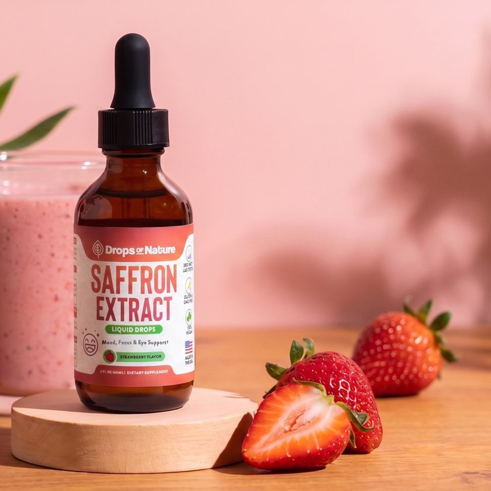 Saffron Extract bottle beside a strawberry smoothie.