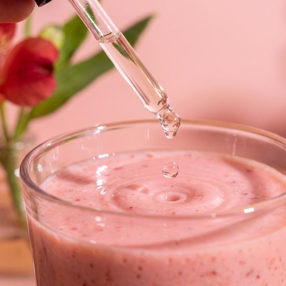 A dropper of Saffron Extract over a strawberry smoothie.