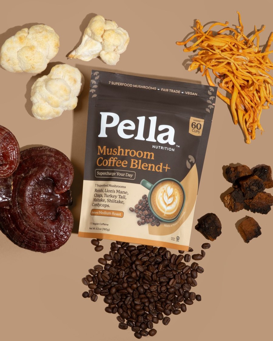 Pella Mushroom Coffee Regular bag surrounded by dried mushrooms and coffee beans