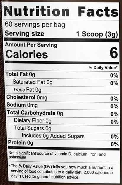 Nutrition Facts panel from the Mushroom Coffee Regular bag: 6 calories, 0 g sugar per 3 g serving