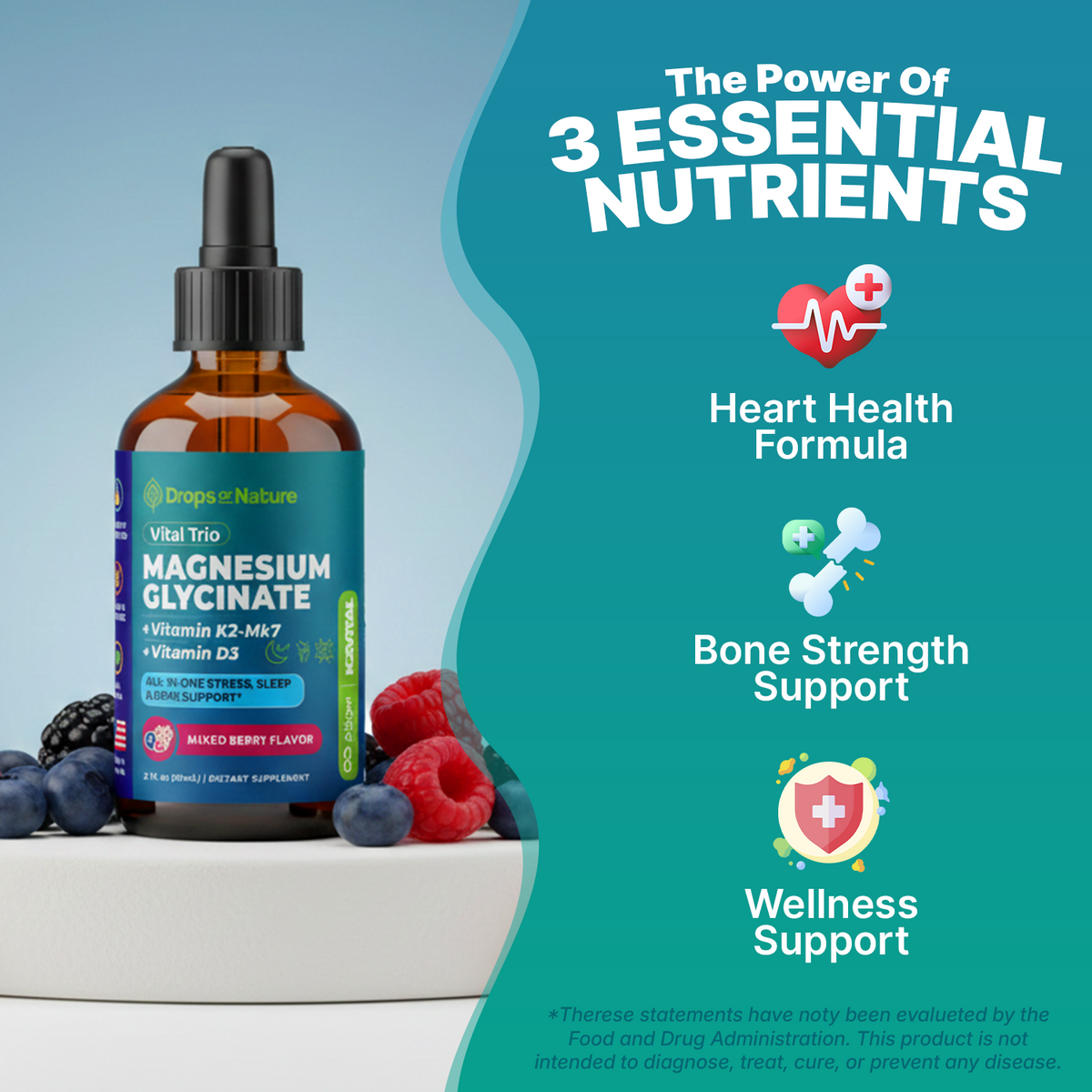 Magnesium Glycinate + D3 + K2 Liquid Drops bottle with berries and its three nutrients listed