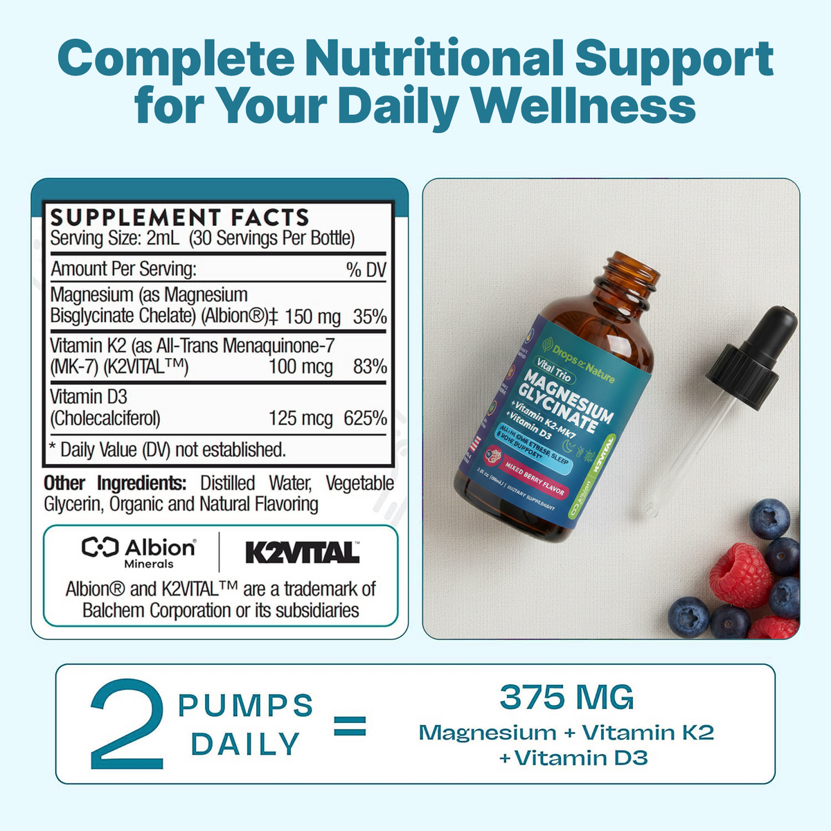 Magnesium Glycinate + D3 + K2 supplement facts panel beside the bottle