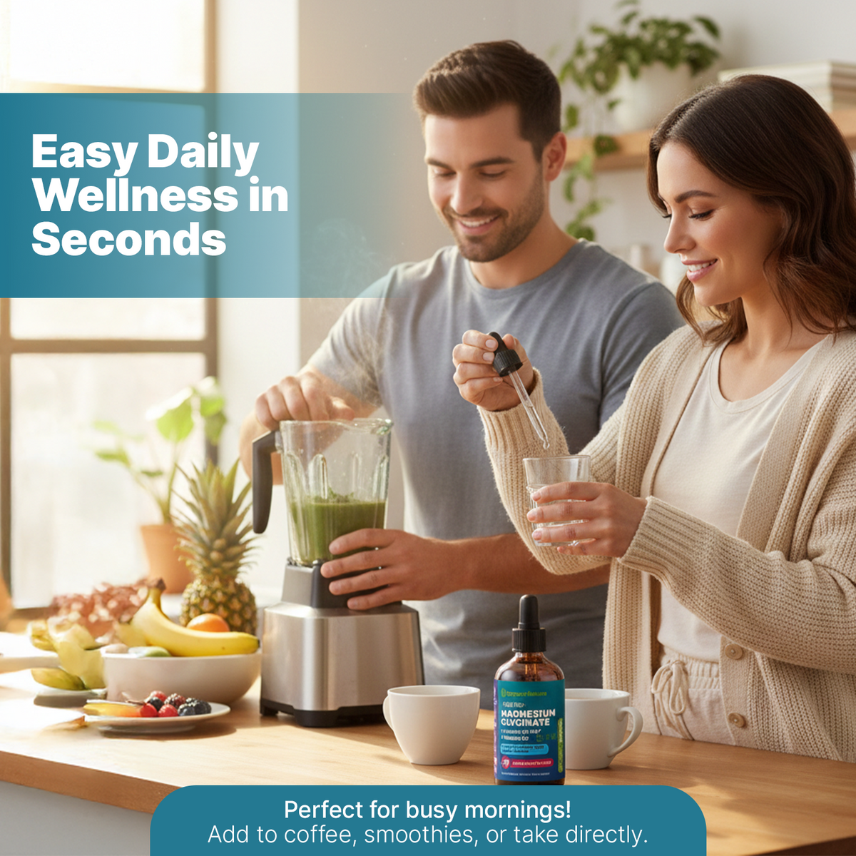 Couple in a kitchen adding Magnesium Glycinate + D3 + K2 drops to a morning drink