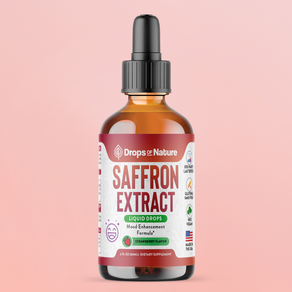 Saffron Extract Liquid Drops bottle, front label