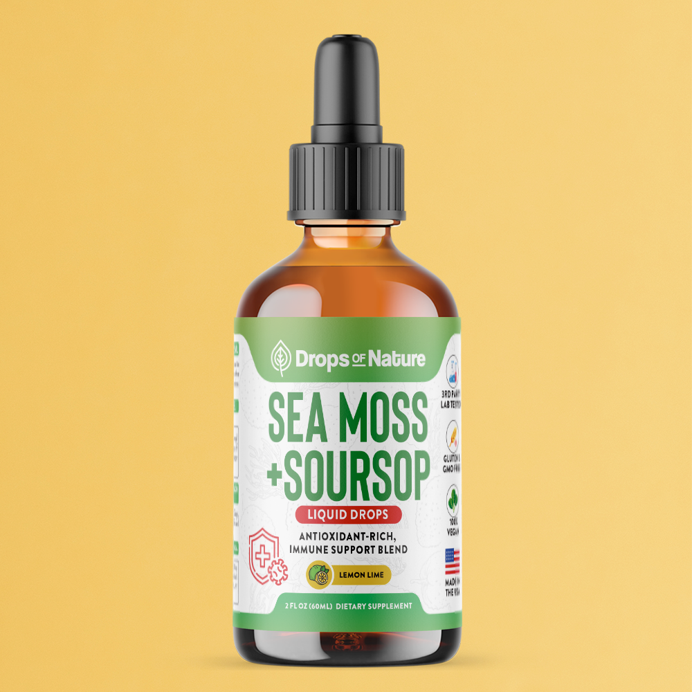Soursop + Sea Moss Liquid Drops bottle, front label