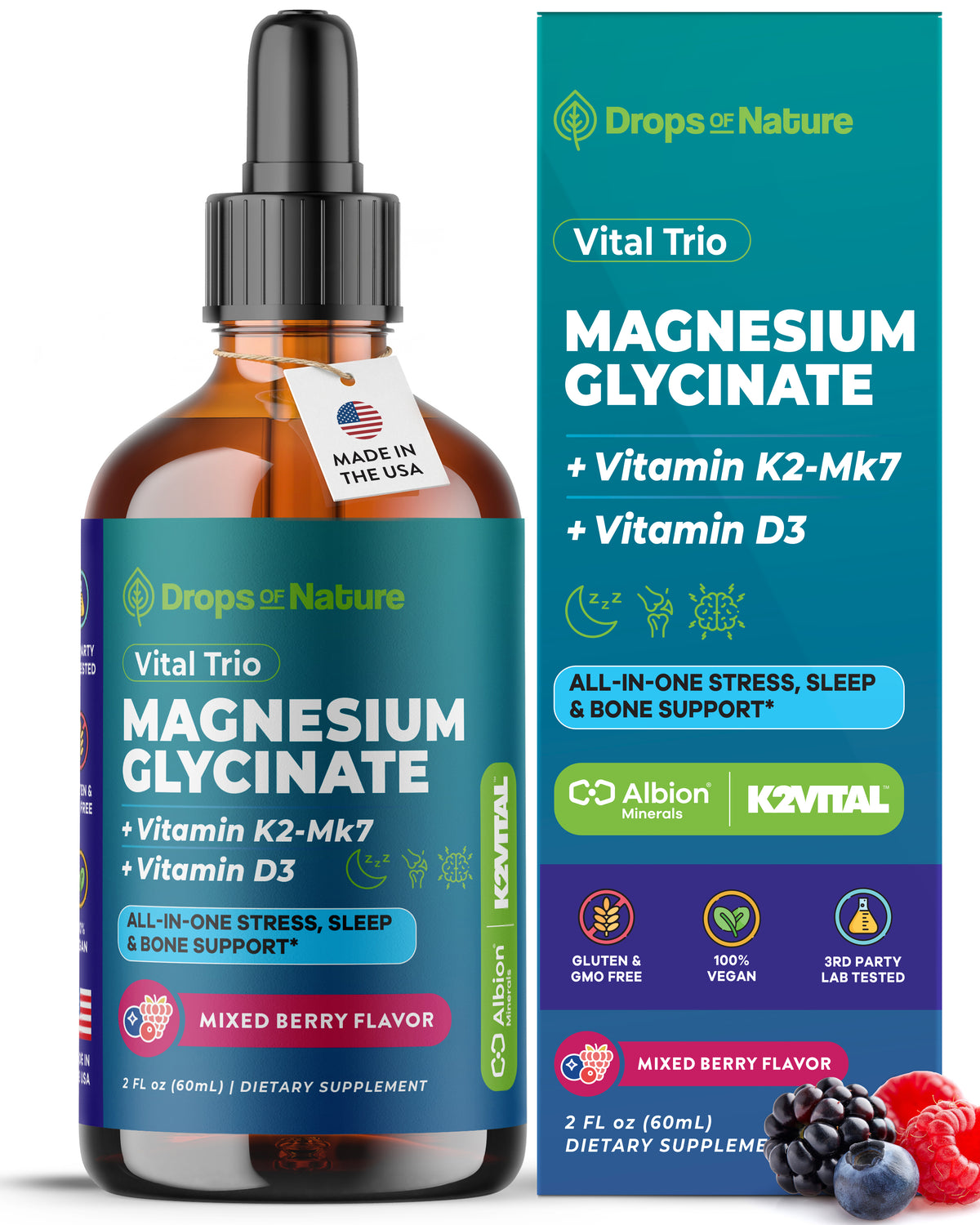 Magnesium Glycinate + D3 + K2 Liquid Drops bottle next to its box, with mixed berries