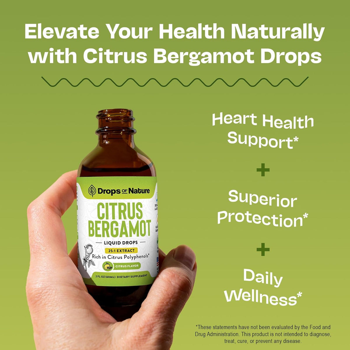 Hand holding a bottle of Citrus Bergamot Liquid Drops, with key benefits listed