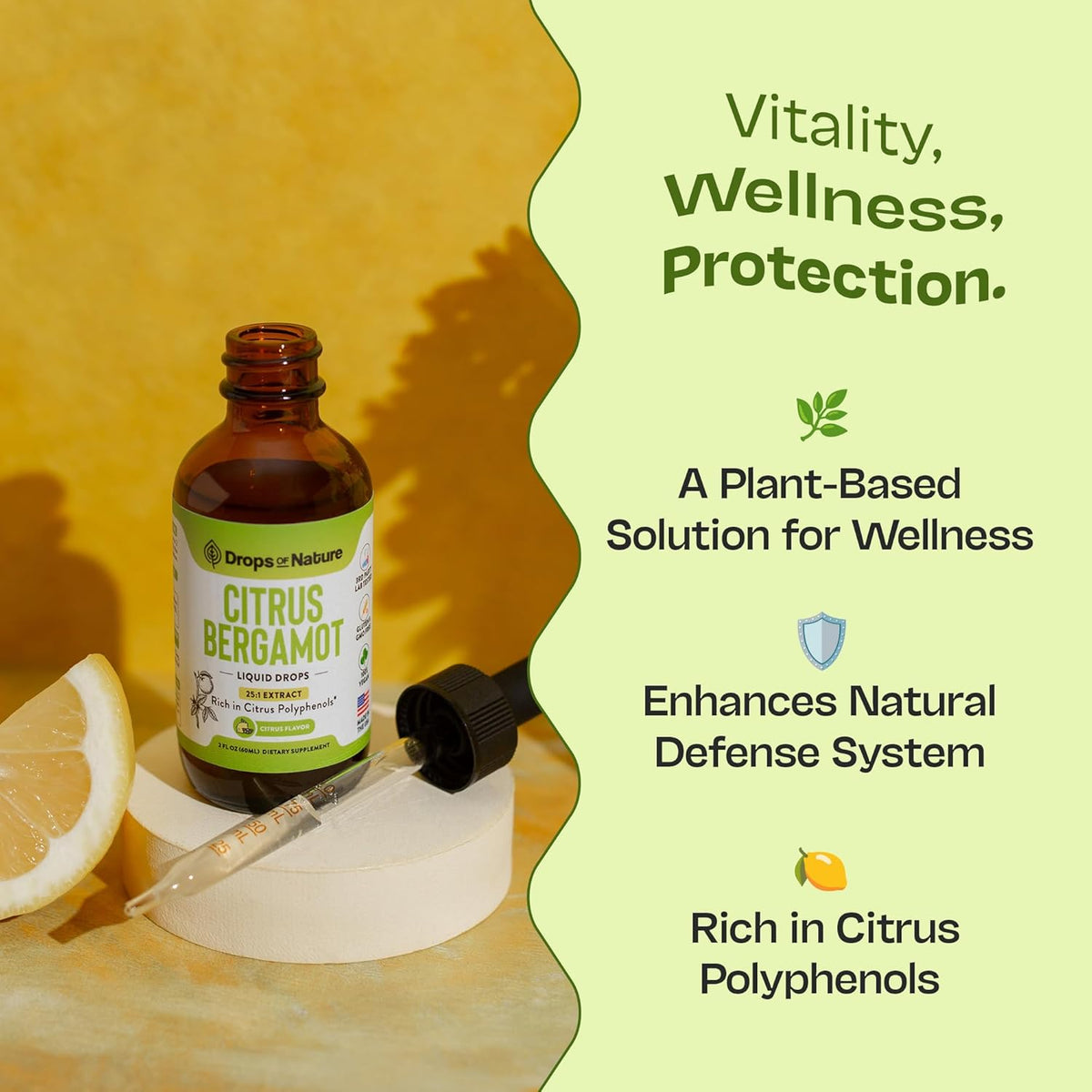 Dropper adding Citrus Bergamot Liquid Drops to a drink, with benefits listed