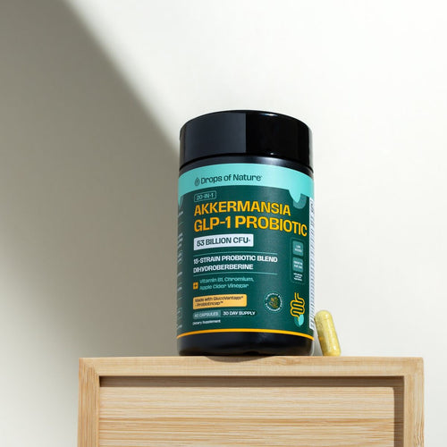 Akkermansia GLP-1 Probiotic bottle standing on a wooden box.