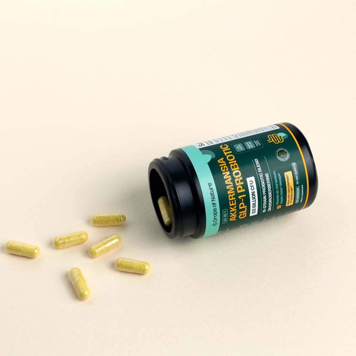 Akkermansia GLP-1 Probiotic bottle on its side with capsules.