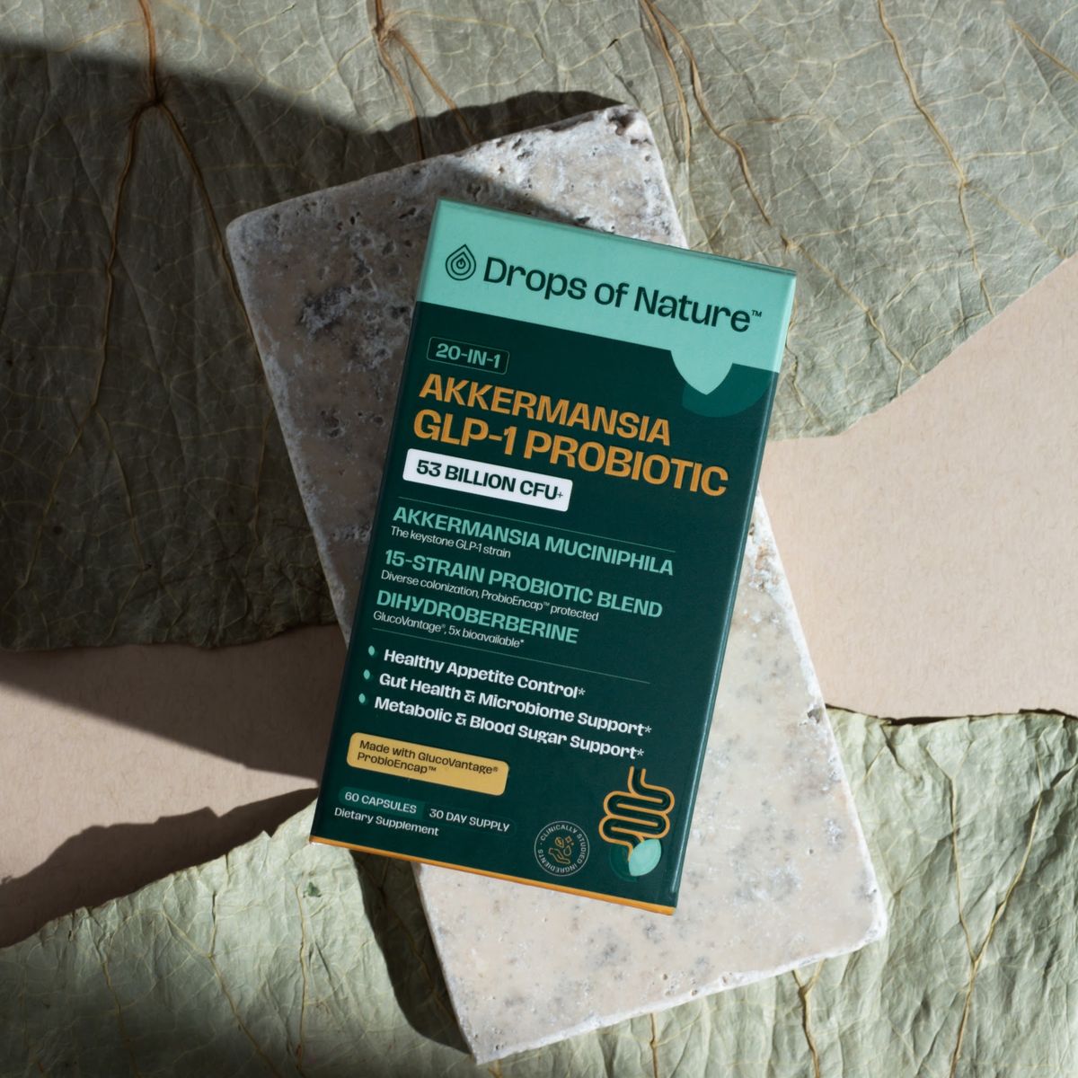 Akkermansia GLP-1 Probiotic bottle and box.