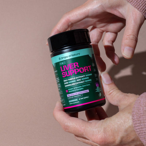 A hand holding a bottle of 11-in-1 Liver Support.