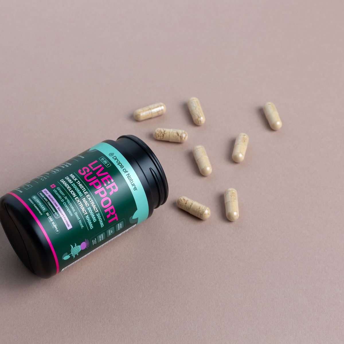 Liver Support bottle on its side with capsules.