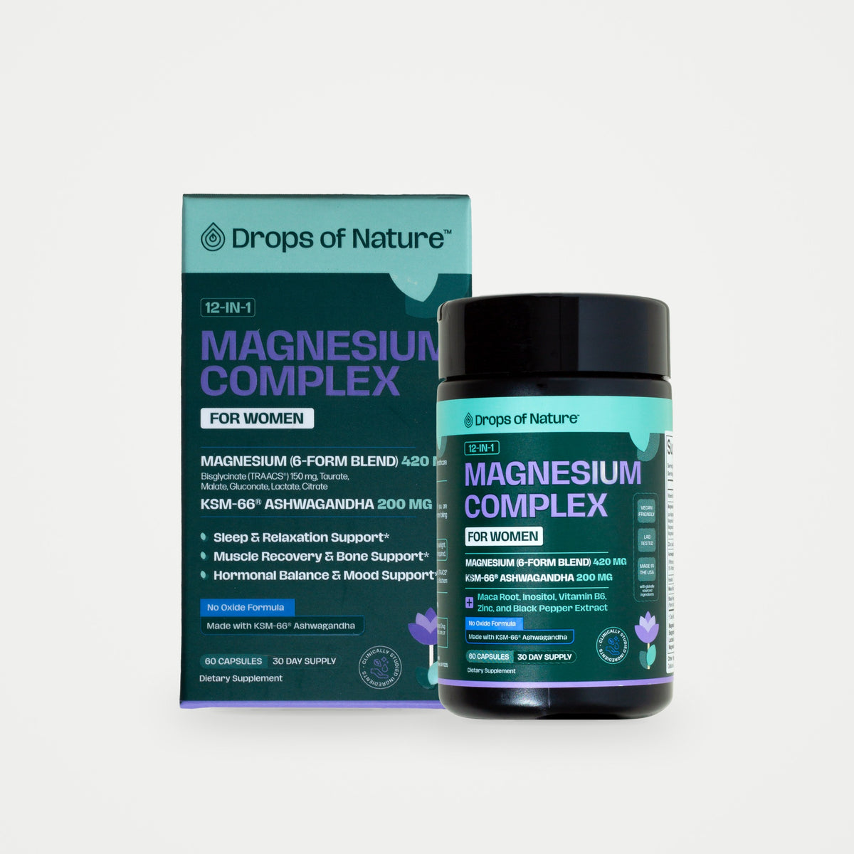 12-in-1 Magnesium Complex for Women bottle in front of its box