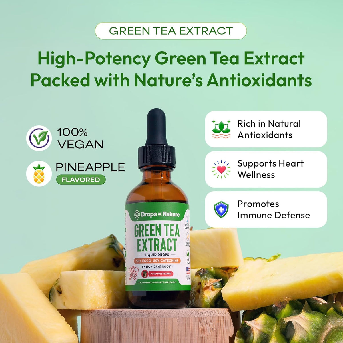 Hand holding a bottle of Green Tea Extract Liquid Drops, with key benefits listed