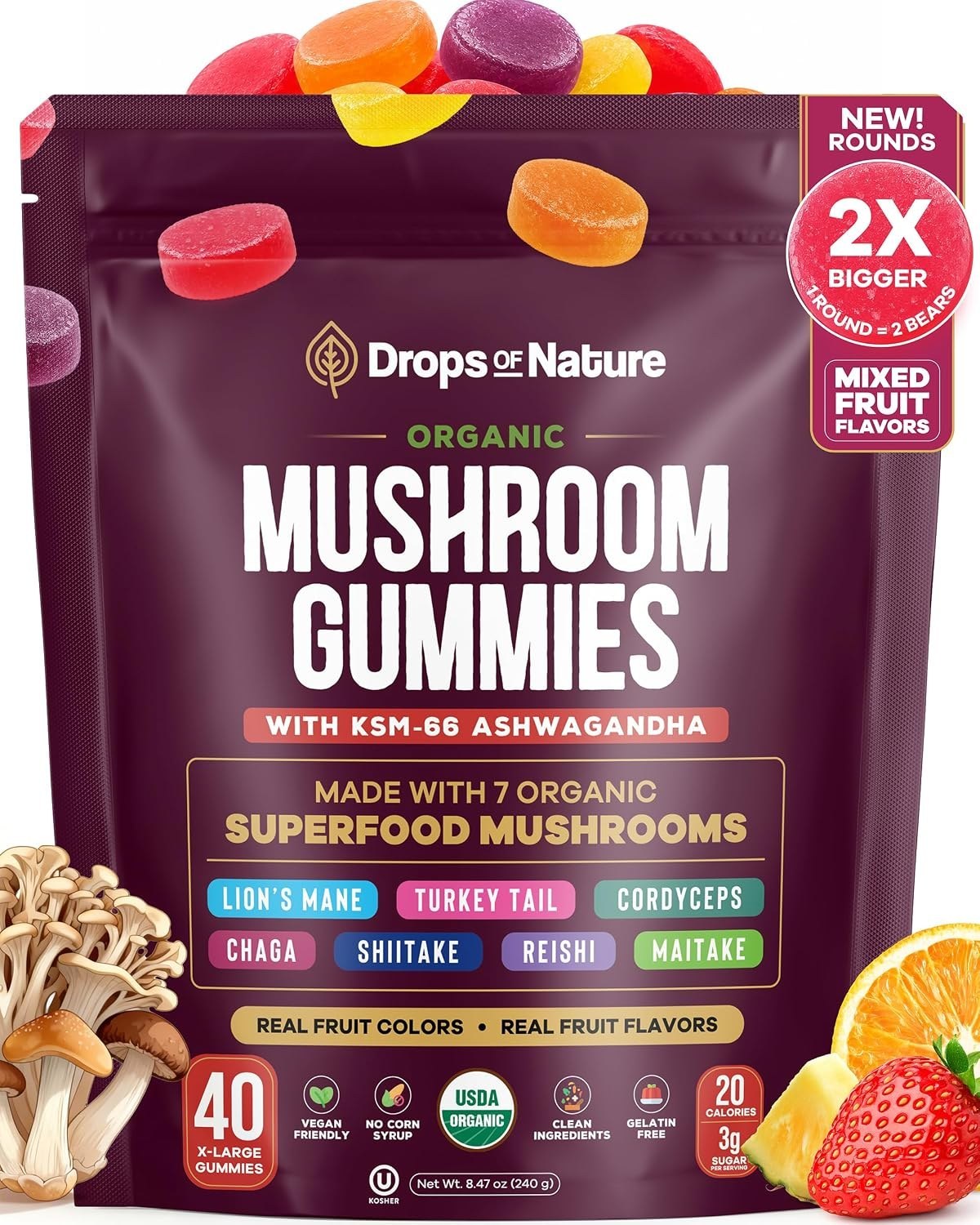 Drops of Nature Mushroom Gummies 2X Size Rounds main image