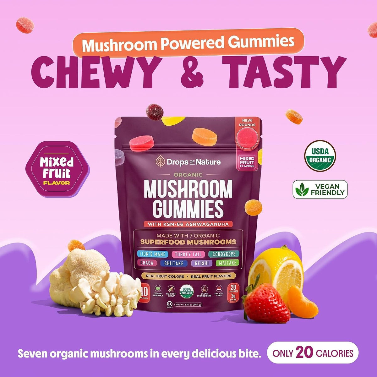 Drops of Nature Mushroom Gummies 2X Size Rounds, image 2