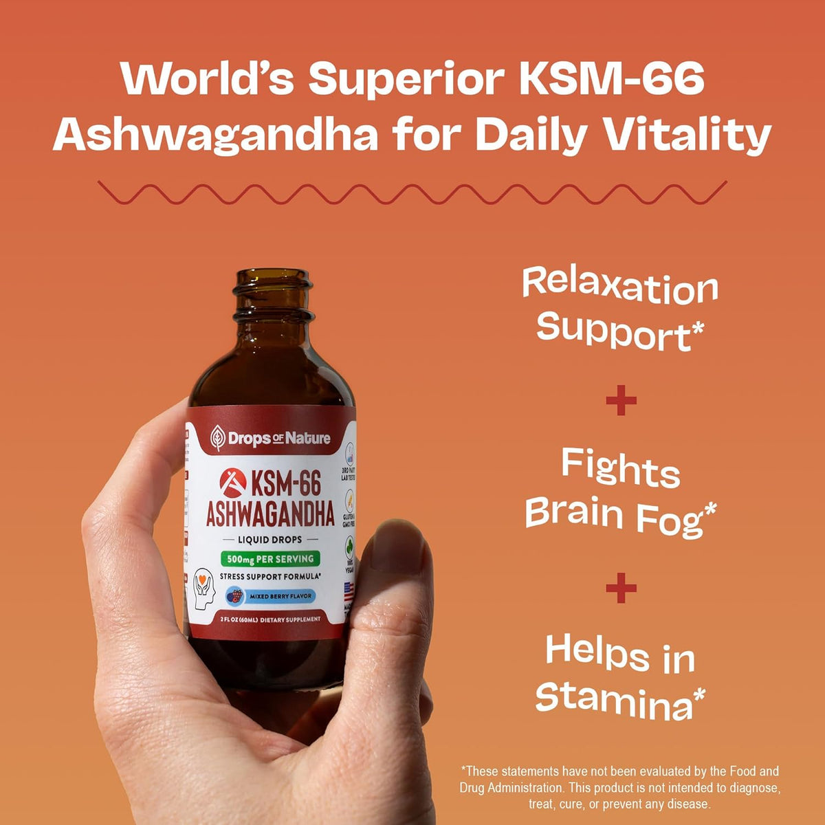 Hand holding a bottle of KSM-66 Ashwagandha Liquid Drops, with key benefits listed