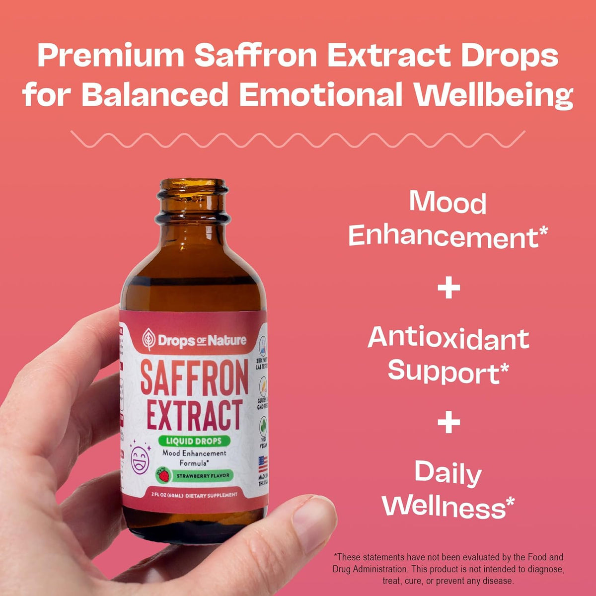 Hand holding a bottle of Saffron Extract Liquid Drops, with key benefits listed