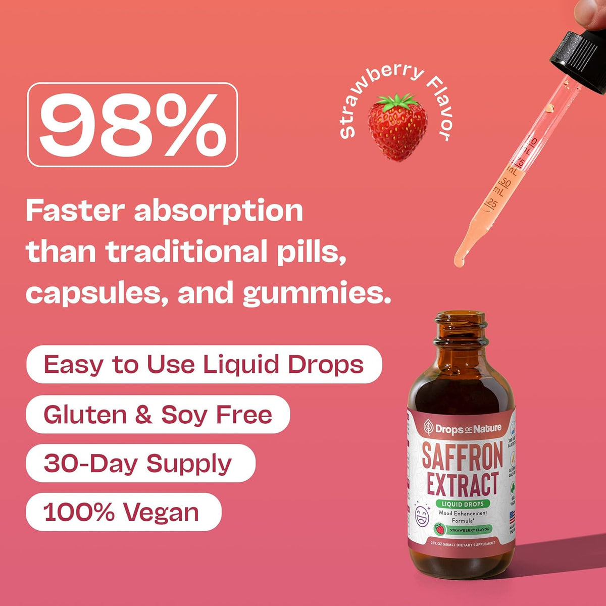 Saffron Extract Liquid Drops infographic: faster absorption than pills, easy to use, gluten and soy free, 30-day supply, vegan