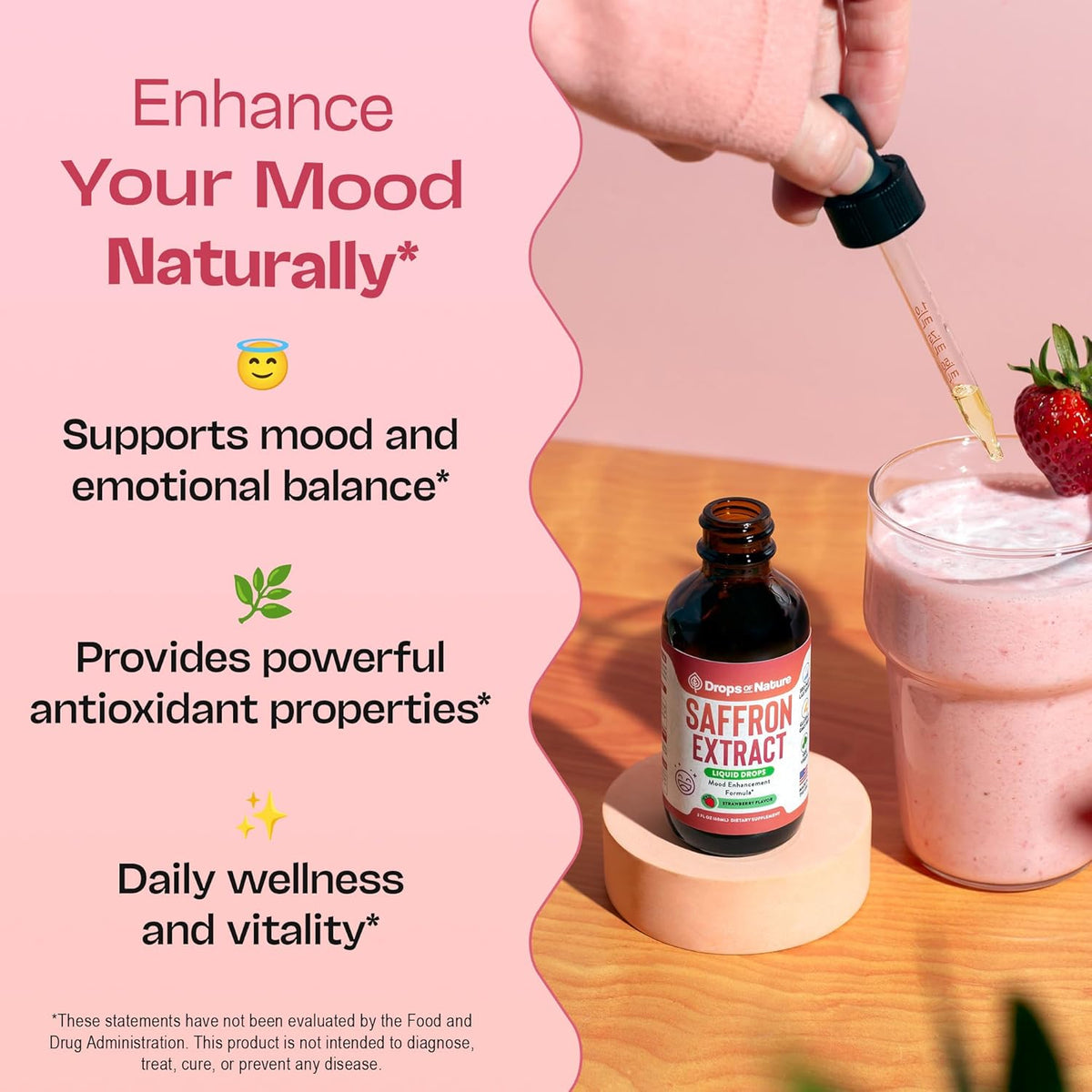 Dropper adding Saffron Extract Liquid Drops to a drink, with benefits listed