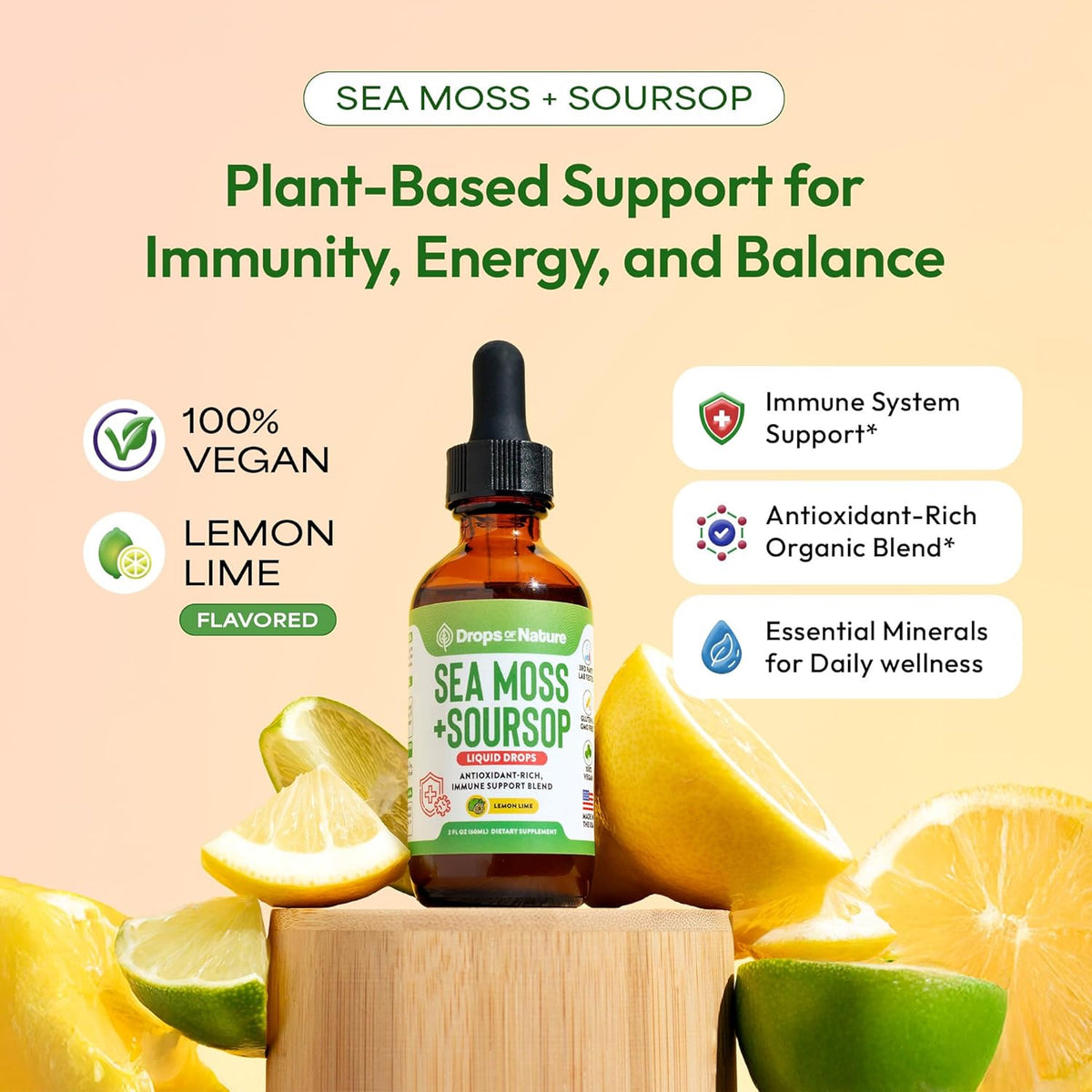 Soursop + Sea Moss Liquid Drops key benefits infographic