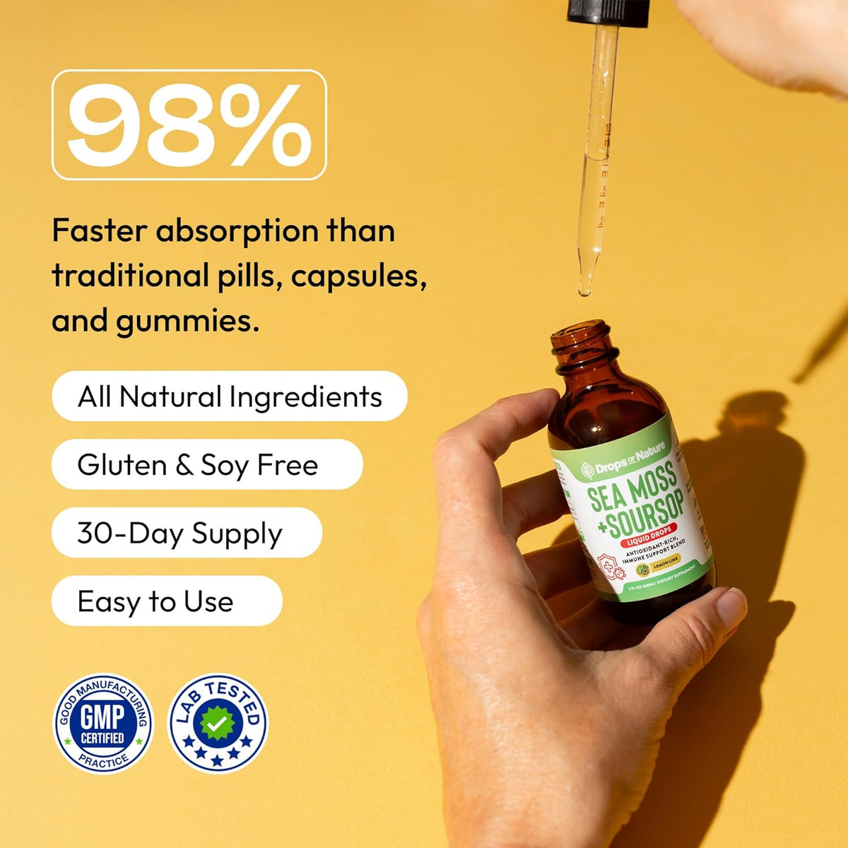 Soursop + Sea Moss Liquid Drops infographic: faster absorption than pills, easy to use, 30-day supply, vegan