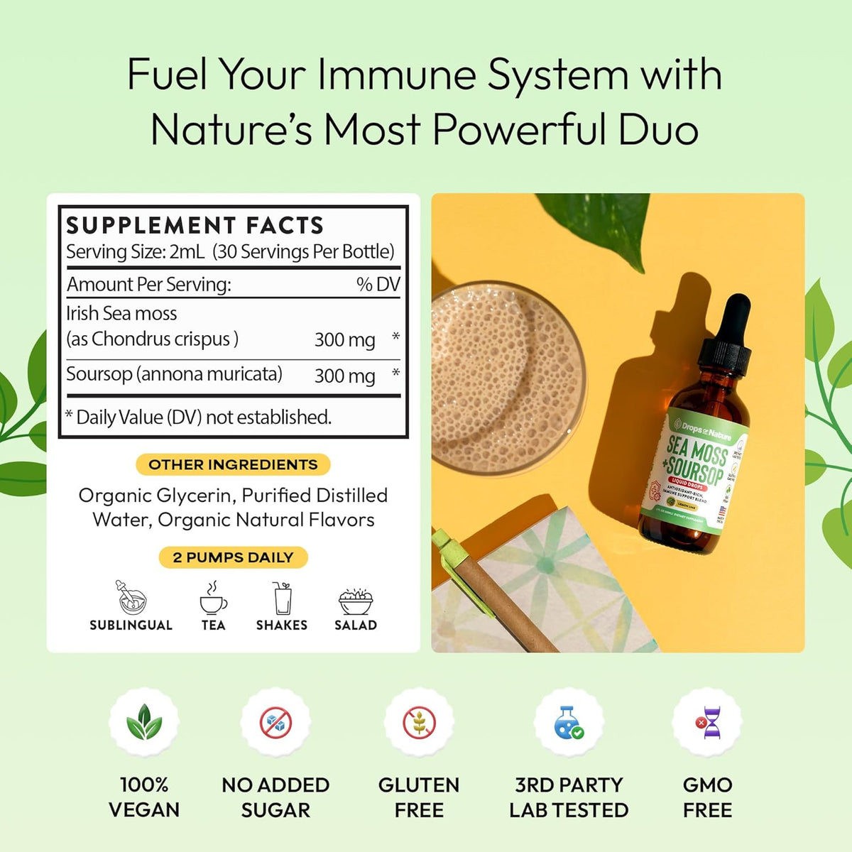 Soursop + Sea Moss Liquid Drops supplement facts panel beside the bottle