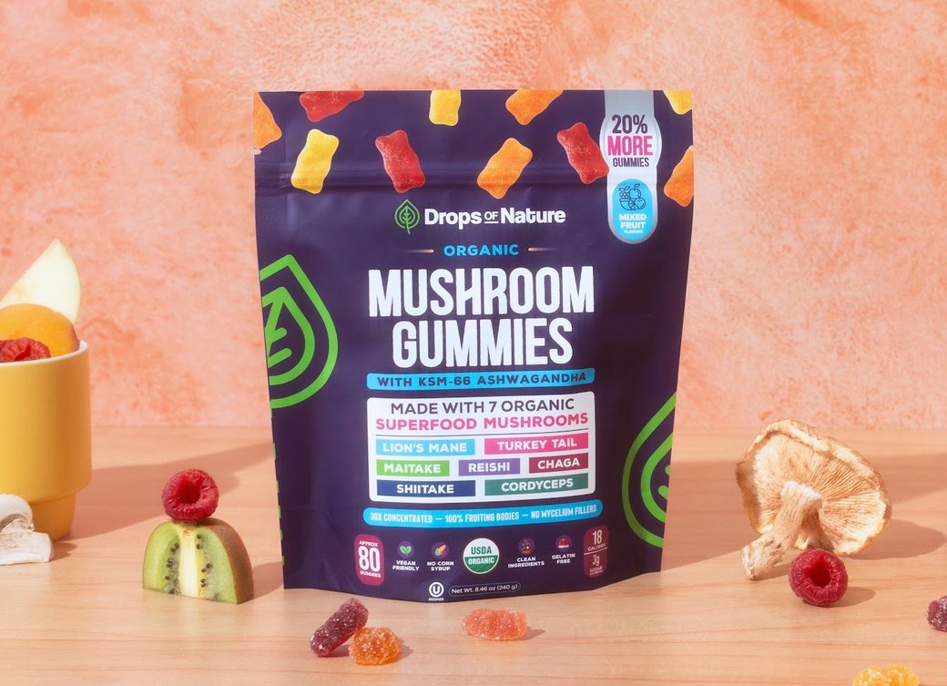 A bag of Drops of Nature Organic Mushroom Gummies with gummies and fruit